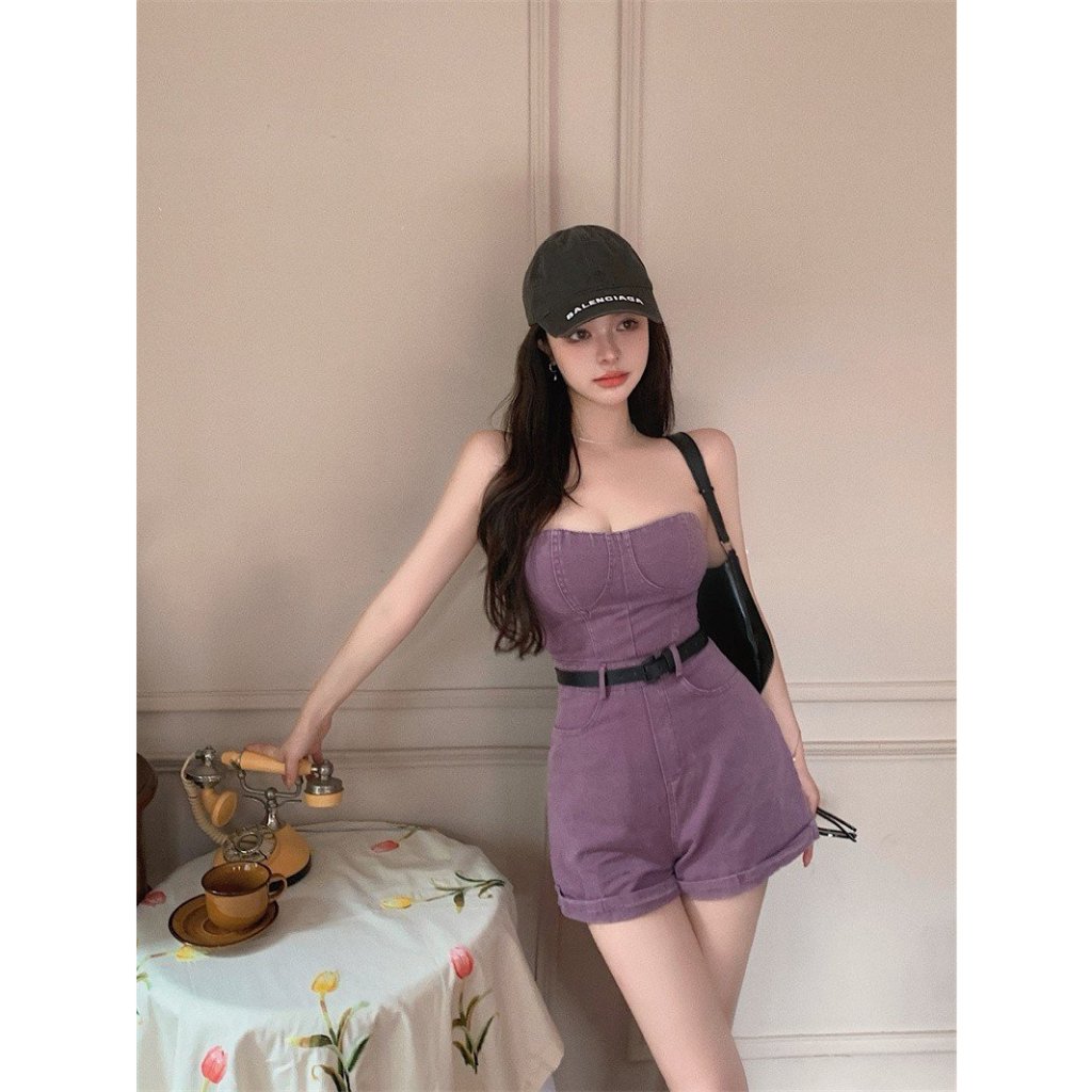 Sét bò rời Retro Hot Girl Liễu Móng Tay Cũ Rỗng Xoay Áo Ngực Hông Váy Váy Xếp Ly Denim Phù Hợp Với Mùa Hè