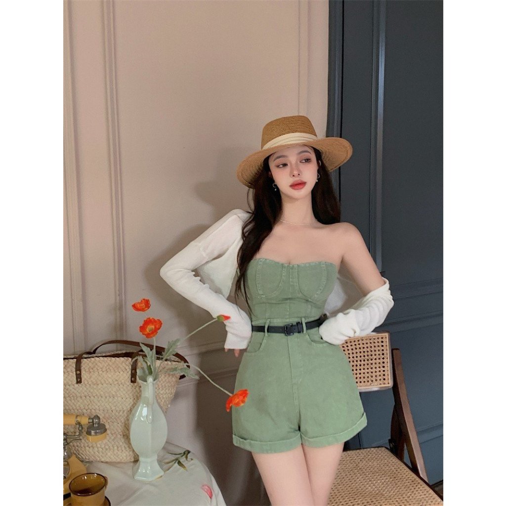 Sét bò rời Retro Hot Girl Liễu Móng Tay Cũ Rỗng Xoay Áo Ngực Hông Váy Váy Xếp Ly Denim Phù Hợp Với Mùa Hè