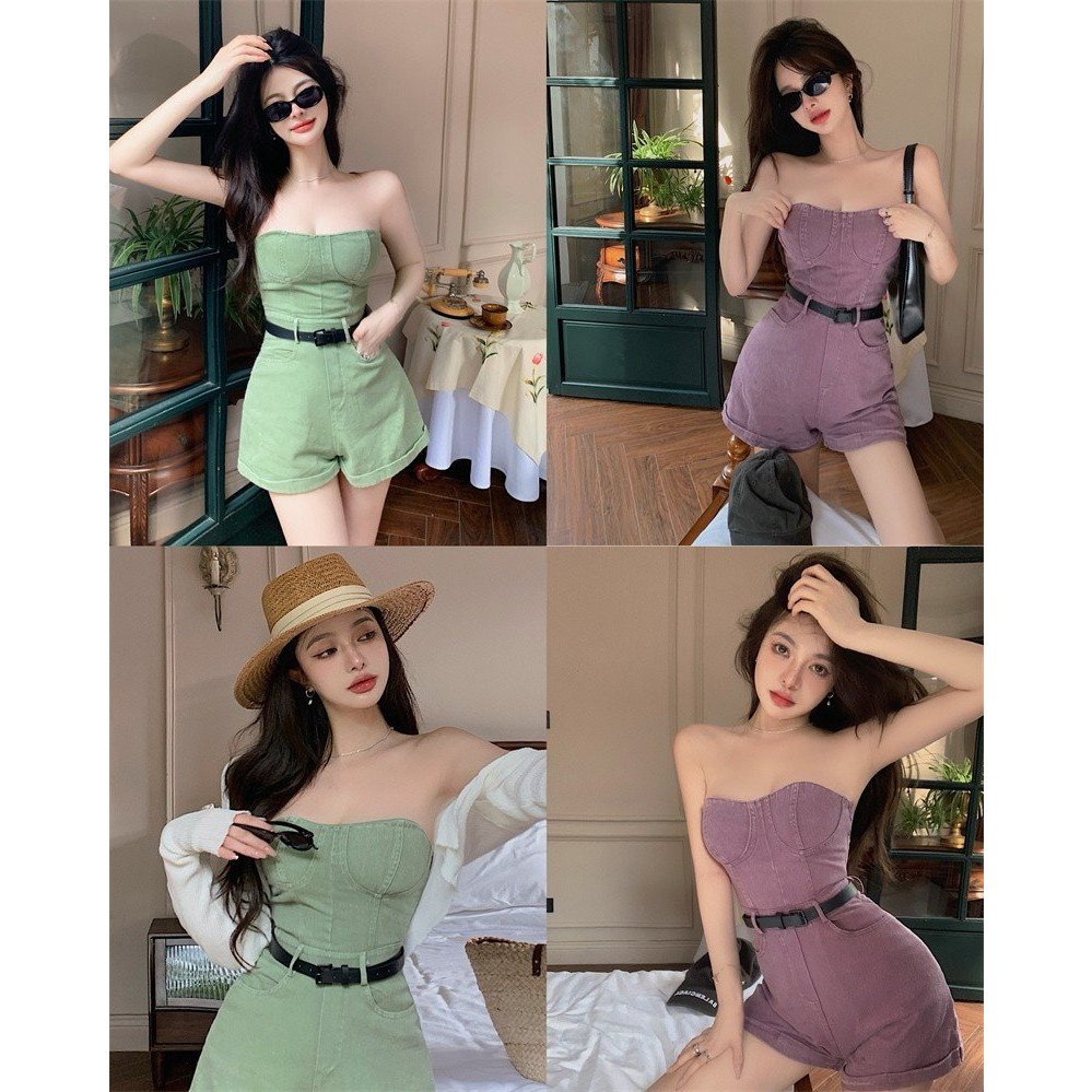 Sét bò rời Retro Hot Girl Liễu Móng Tay Cũ Rỗng Xoay Áo Ngực Hông Váy Váy Xếp Ly Denim Phù Hợp Với Mùa Hè