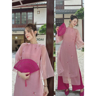 Sét áo dài hồng thêu hoa nổi phối tay lửng + quần lụa xuông MYRA AodaitheuAD22/P13K5
