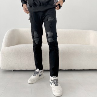 Quần jean đen nam rách - Quần jean nam rách gối Trendy [bạ da]