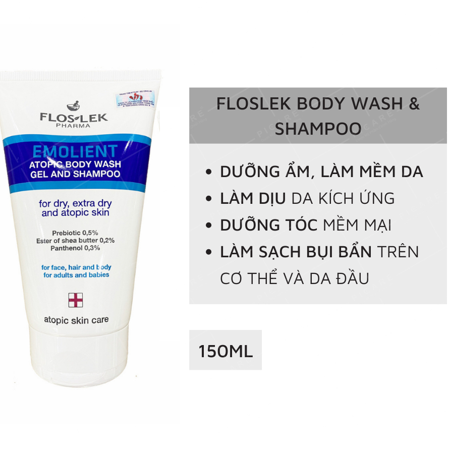 Gel tắm gội Atopic Body Wash Gel And Shampoo Floslek giúp dưỡng ẩm cải thiện làn da khô nhạy cảm, tuýp 150ml