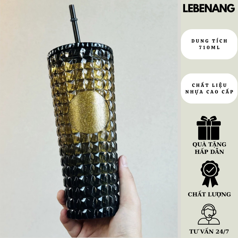 Ly giữ nhiệt Starbucks Treasure Black & Gold Series 710ml, Bình nước nhựa 2 lớp nhũ kèm ống hút Lebenang