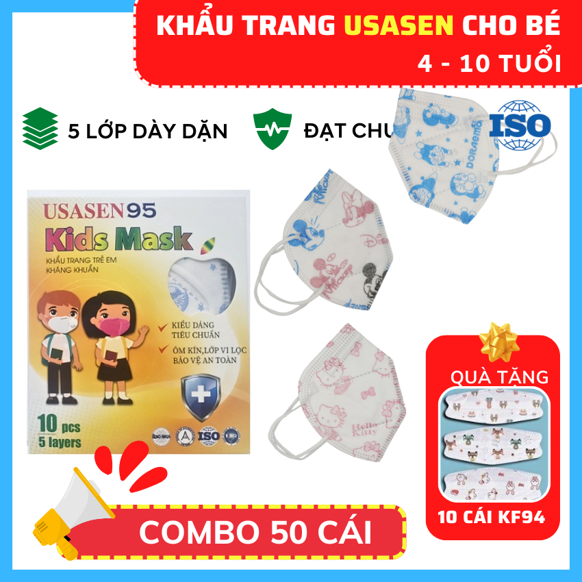 Combo 50 Cái - Khẩu Trang N95 trẻ em 5 Lớp Hiệu Usasen dày dặn cho bé từ 3-8 tuổi.Tặng Kèm 10 Cái KF94 cho Bé.