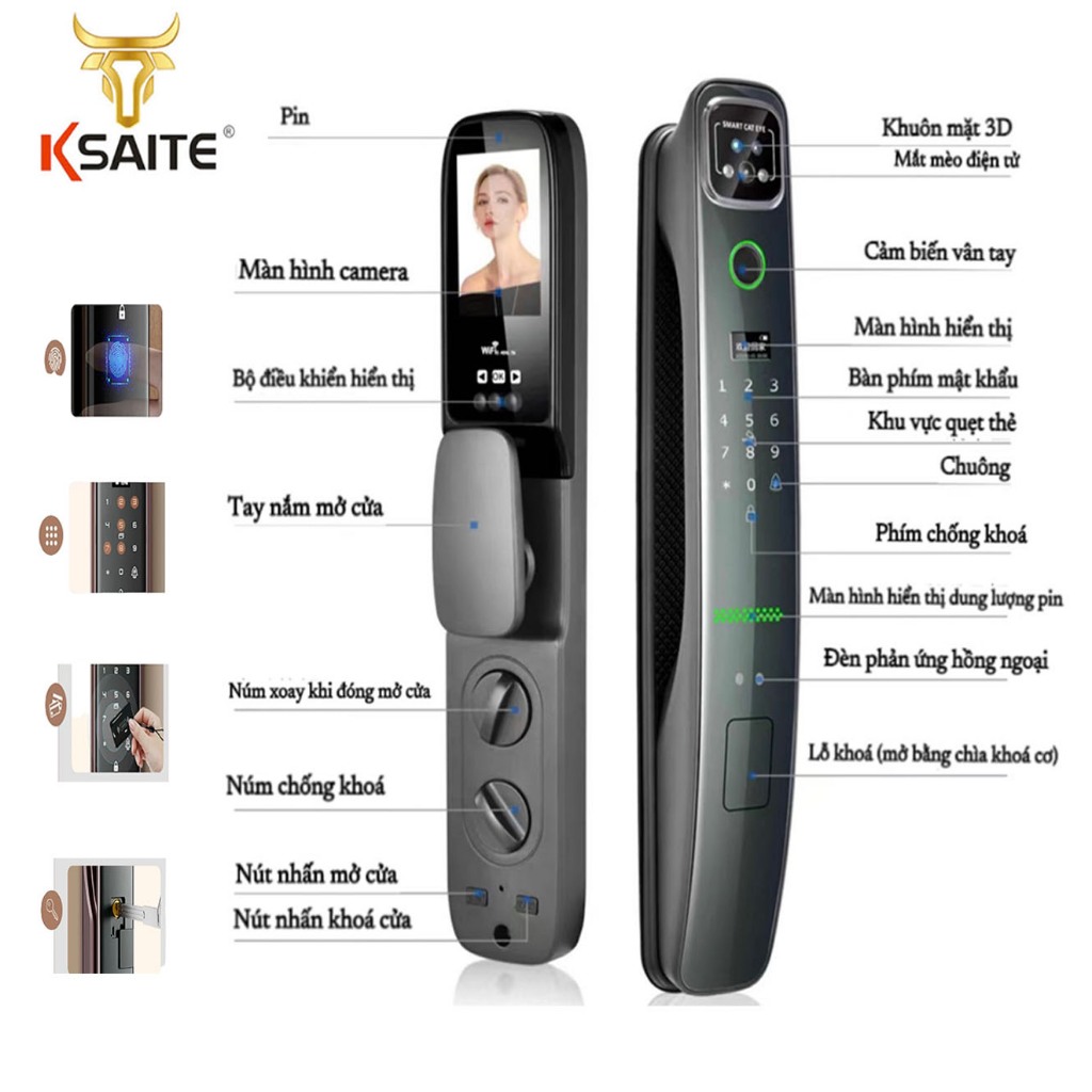 Khóa vân tay Ksaite giọng nói Tiếng Việt P1S Màu Đen - Phù hợp cho cửa gỗ, cửa thép