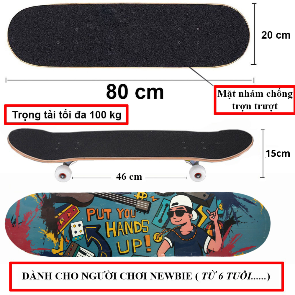 Ván trượt Skateboard mặt nhám, trượt ván, ván trượt thể thao gỗ ép 8 lớp chắc chắn