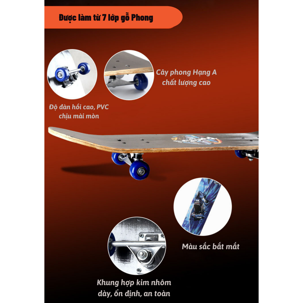 Ván trượt Skateboard mặt nhám, trượt ván, ván trượt thể thao gỗ ép 8 lớp chắc chắn