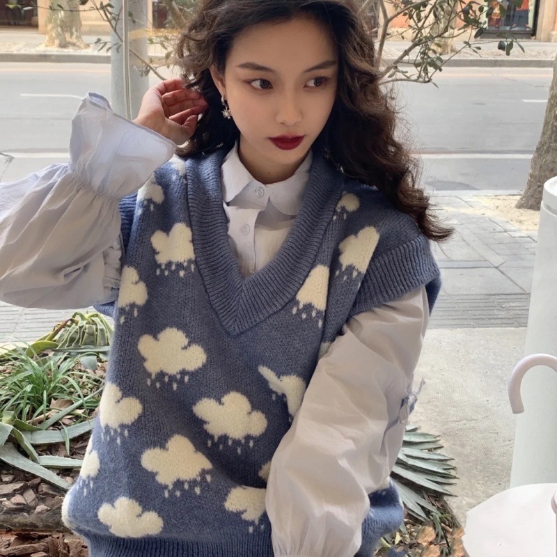 Áo gile len nữ dệt kim hình gấu cute màu xanh cộc tay cổ v hàng quảng châu loại 1 ullzang hàn quốc Ladyquangchau