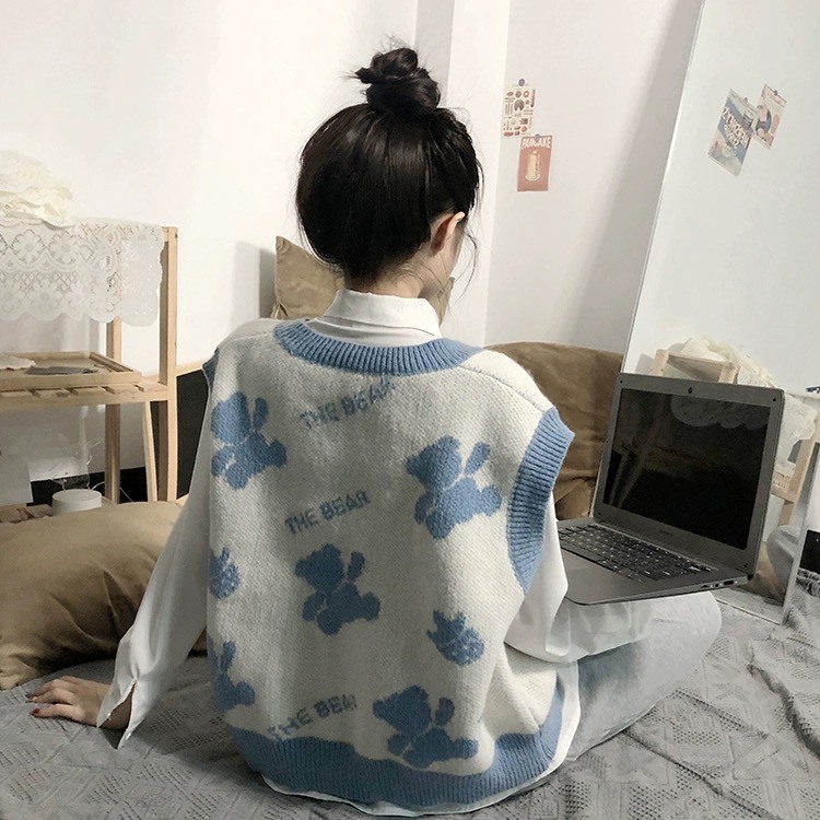Áo gile len nữ dệt kim hình gấu cute màu xanh cộc tay cổ v hàng quảng châu loại 1 ullzang hàn quốc Ladyquangchau