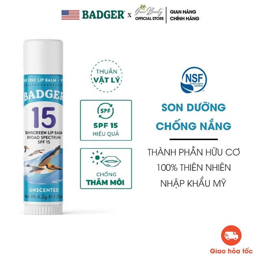 Son Dưỡng Môi Chống Nắng Thành Phần Hữu Cơ Lành Tính BADGER Mineral Sunscreen Lip Balm SPF 15 An Toàn Mẹ Bầu Em Bé