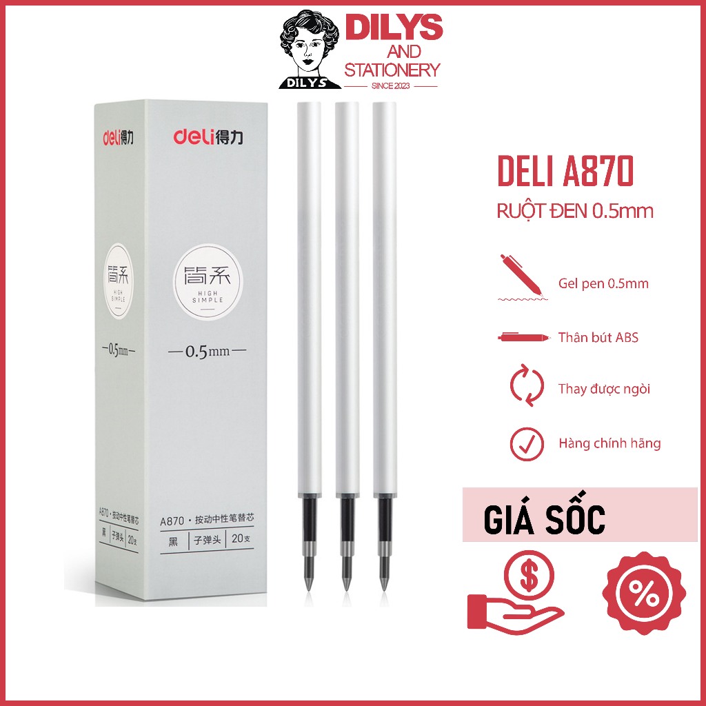 Ruột bút gel Deli A870 thân trắng mực đen ngòi 0.5mm (Bộ 20 ngòi)