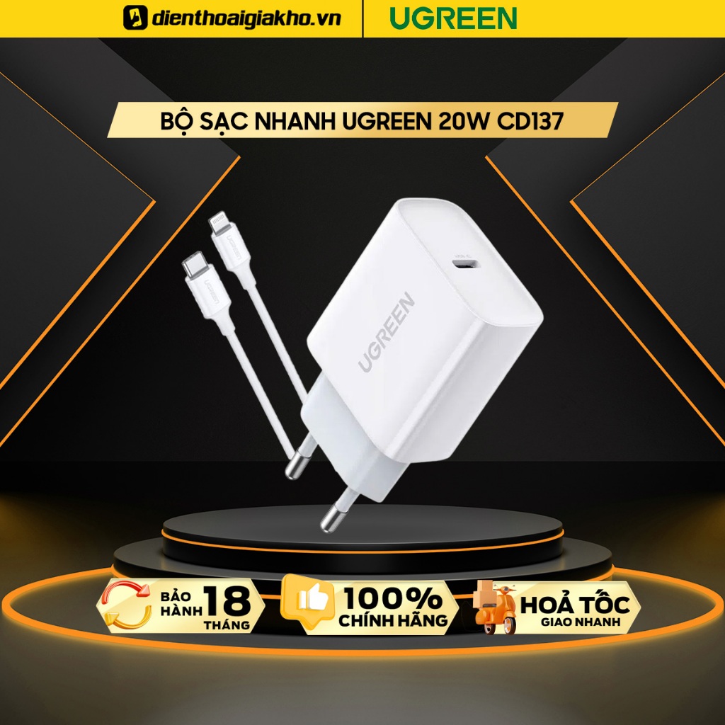 Combo Củ Sạc Nhanh UGREEN 20W CD137 Kèm Cáp C To L | Sạc Nhanh PD - Hàng Chính Hãng