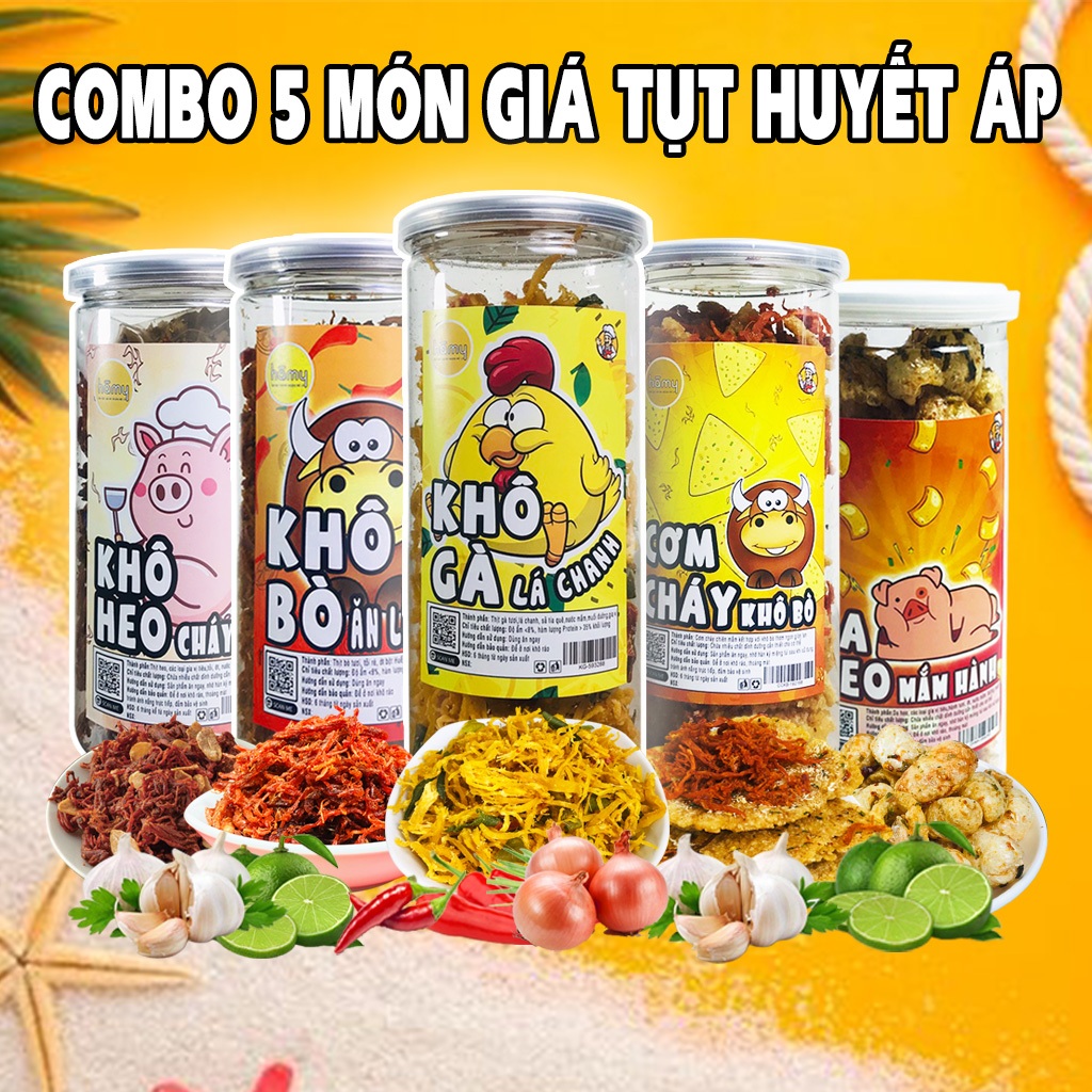 Combo đồ ăn vặt giá sỉ, khô gà, khô bò, khô heo, khô mực, da heo, cơm cháy