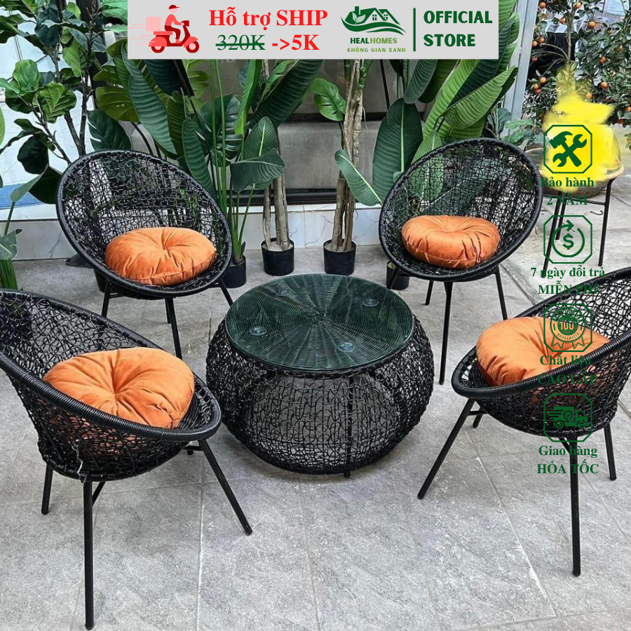 Bộ bàn ghế ban công putin HEALHHOMES 1 bàn 2 ghế giả mây lõi thép trang trí phòng khách sân vườn quán cafe