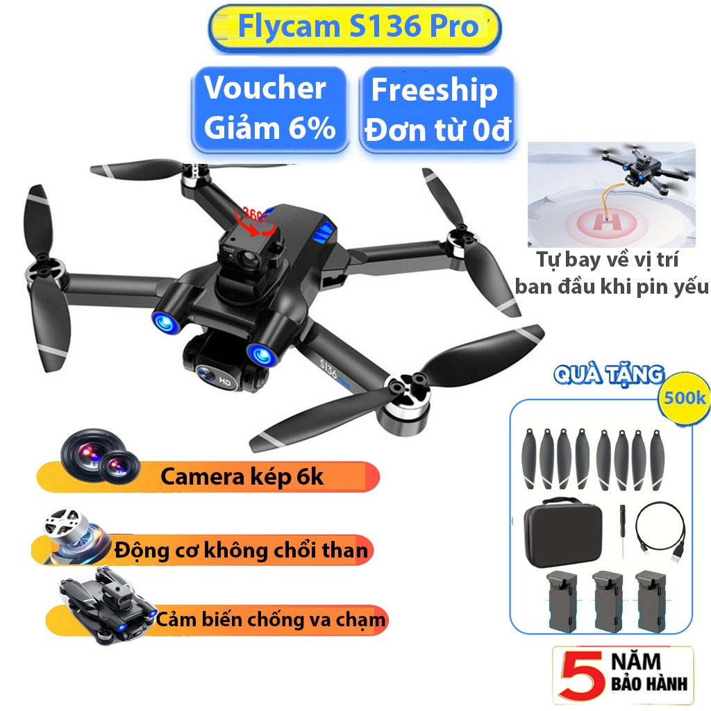 Flycam s136 pro max, Flaycam động cơ không chổi than, Camera kép 6k, GPS tự động bay về, Cảm biến tránh va chạm 360 độ