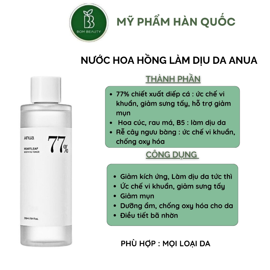 Toner Anua diếp cá làm dịu, dưỡng da Anua Heartleaf 77% Soothing Toner nước hoa hồng giảm mụn