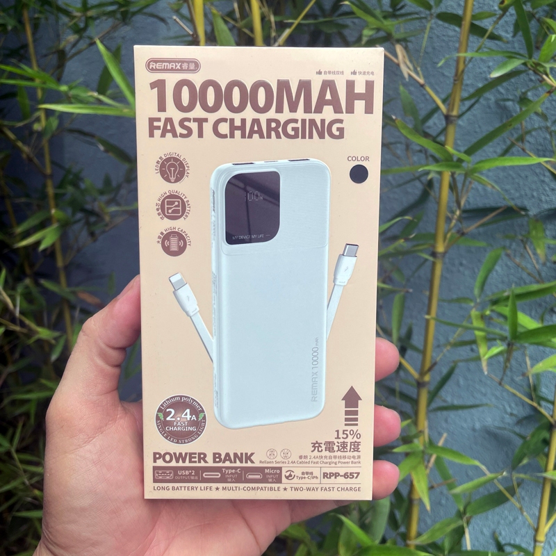 Pin dự phòng Remax RPP-657 siêu mỏng 10000mAh sạc được cho Táo 15 - tích hợp 2 cáp typeC và LN