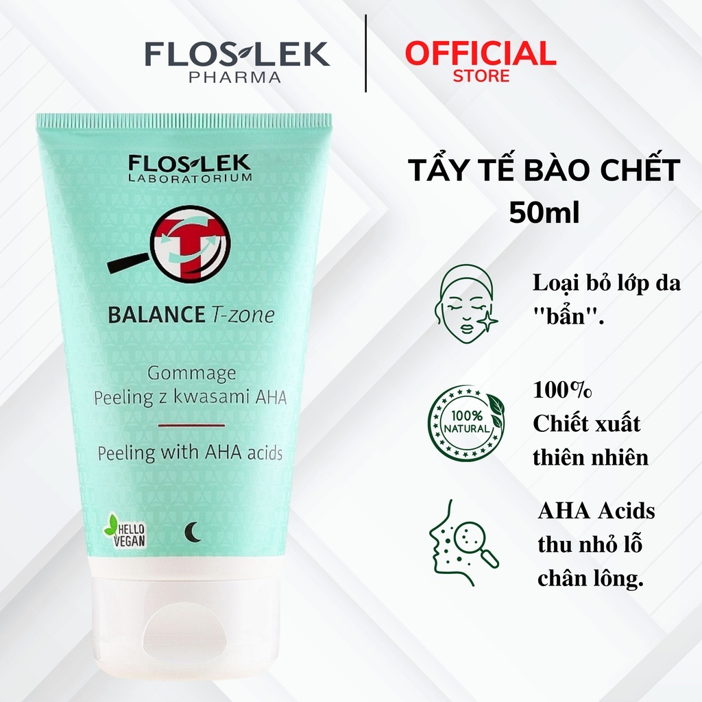 Tẩy tế bào chết dạng hạt siêu nhẹ Floslek Gommage Peeling With AHA Acids cho da mụn, hỗn hợp thiên dầu 125ml/Tuýp