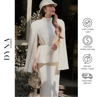 Set váy len lông 𝐀𝐒𝐇𝐘𝐋𝐄𝐘 áo cổ cao vai nhún bồng tay dài xẻ cape chân váy dáng dài kèm belt ngọc