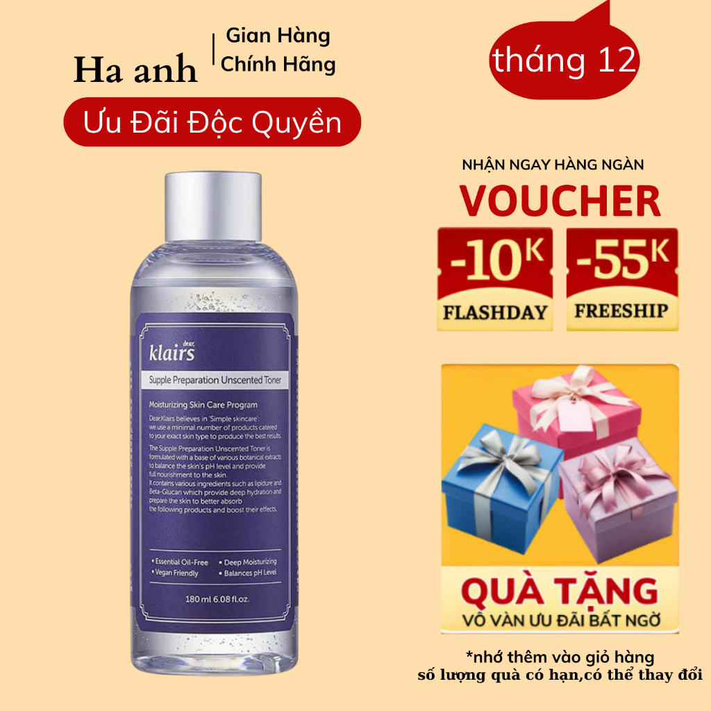 Nước hoa hồng Dear, Klairs Supple Preparation Unscented Toner 180ml