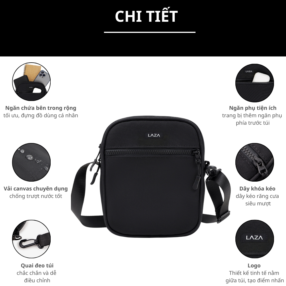 Túi đeo chéo canvas trượt nước cao cấp Pisano Bag 592 - Thương hiệu LAZA - Bảo hành chính hãng