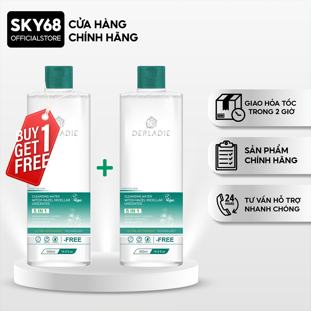 Tẩy Trang Thuần Chay Cho Da Dầu Mụn Derladie Cleansing Water Witch Hazel Micellar Unsented 5in1 500ml