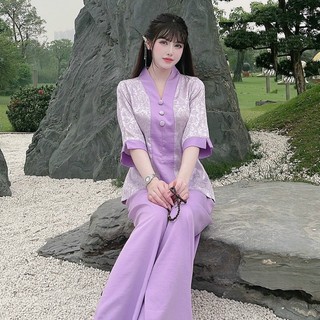 (BÀ LAI GẤM LH) Quần Áo phật tử, Đồ Lam đi Chùa mẫu Bà lai vải gấm mã A74A