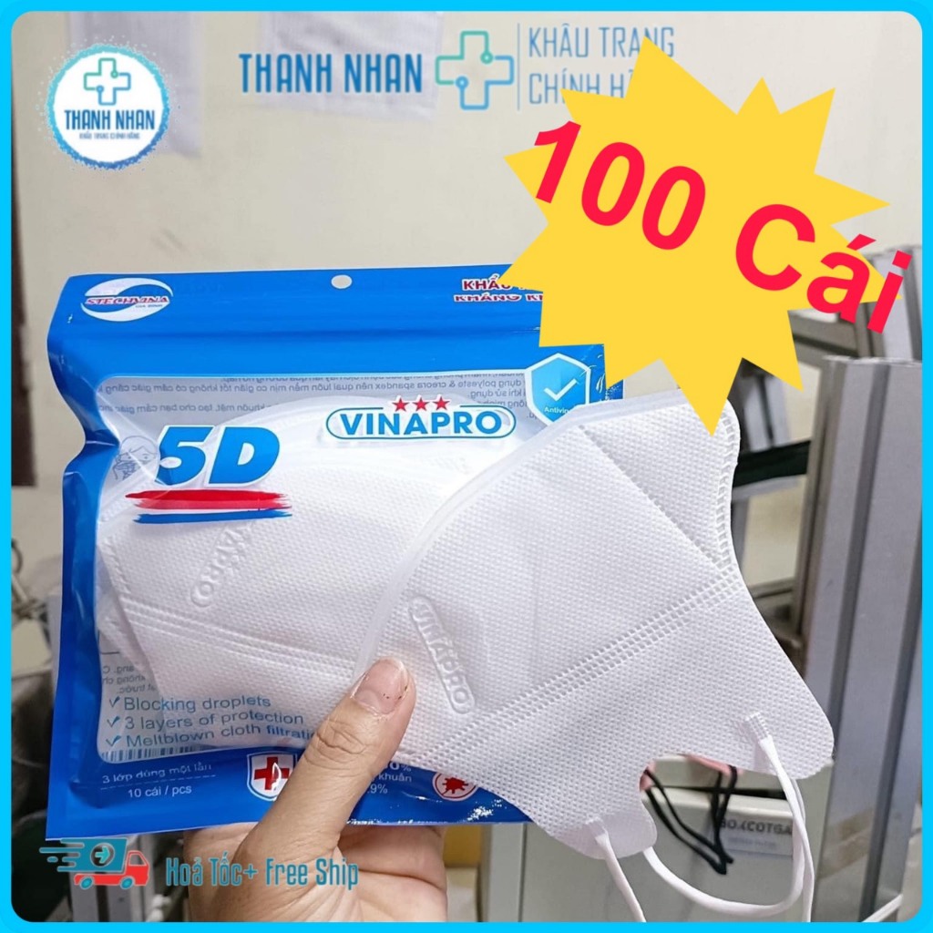 khẩu trang 5d Vinapro - [combo 100 cái] 3 lớp kháng khuẩn chống nắng,chống bụi chống tia uv,dây deo không gây đau tai.