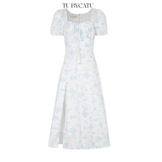 Tubycatu | maxi xẻ tà họa tiết xanh tay phồng