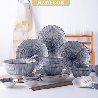 Set bát đĩa gốm sứ họa tiết sọc xanh phong cách bắc âu - h2decor