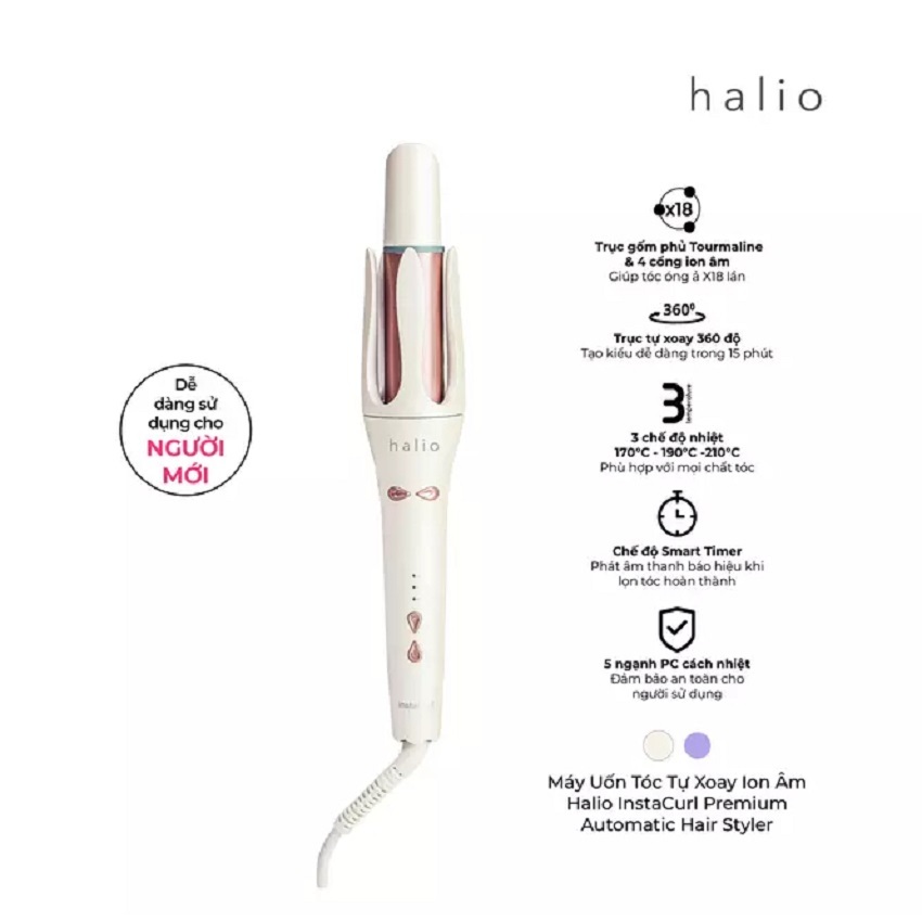 Máy Uốn Tóc Tự Xoay Ion Âm Halio InstaCurl Premium Automatic Hair Styler Pearl White - Styler Periwi