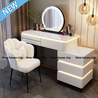 Bàn trang điểm gỗ bọc da mềm có gương đèn LED sang trọng, bàn trang điểm thông mình hiện đại BTD044