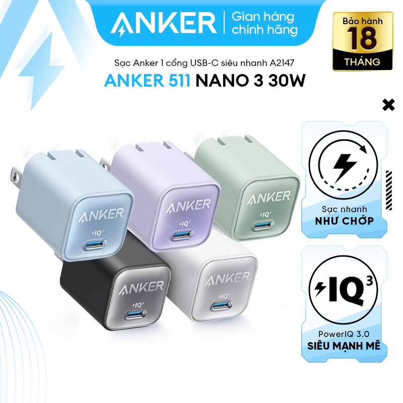 Củ sạc Anker 511 Nano 3 30W - 01 cổng USB-C - Công nghệ PowerIQ 3.0 tương thích PD/PPS - A2147