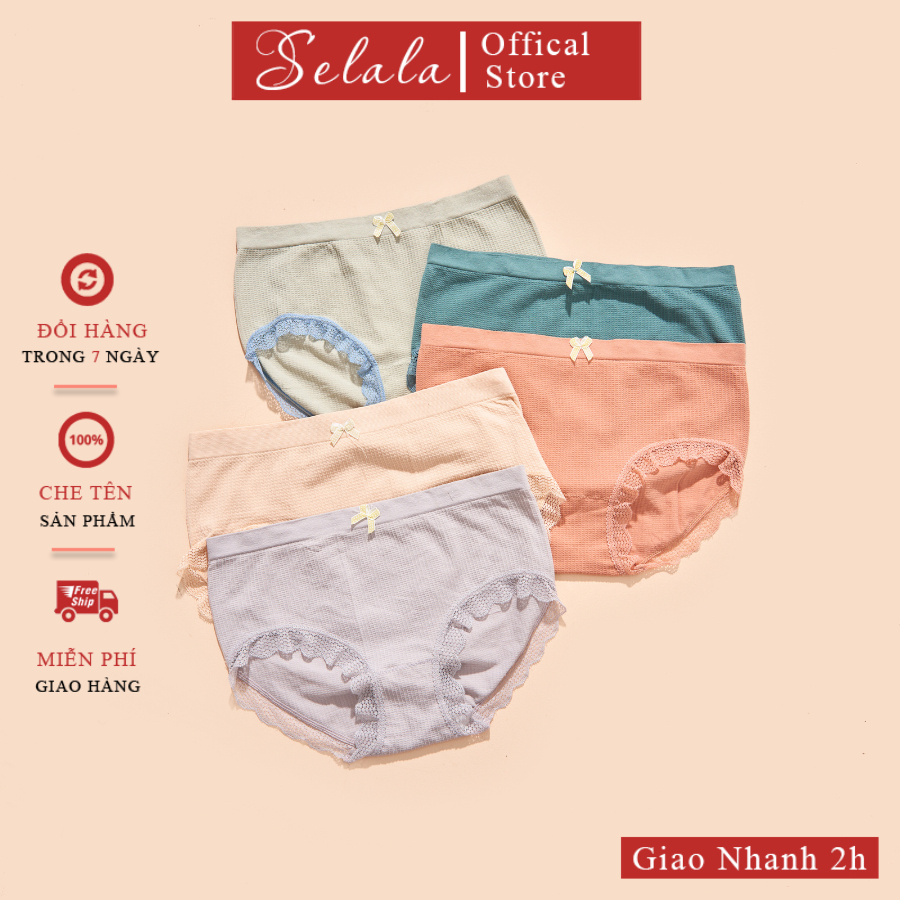Quần Lót Nữ Selala Cotton Viền Ren Phối Nơ Thoáng Mát, Co Giãn Không Hằn Qc33