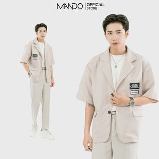 Áo Blazer Vạt Tròn Tay Lỡ MANDO Hình Thêu Túi Ngực Tinh Tế, Màu Be Nhẹ Nhàng Phong Cách Hàn Quốc AVH013
