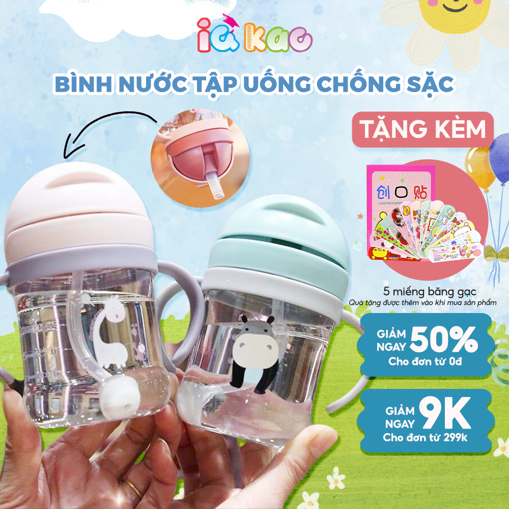 Bình nước cao cấp cho bé tập uống sữa uống nước có van chống sặc 250ml bằng nhựa PP chịu nhiệt tốt có tay cầm IQ Kao