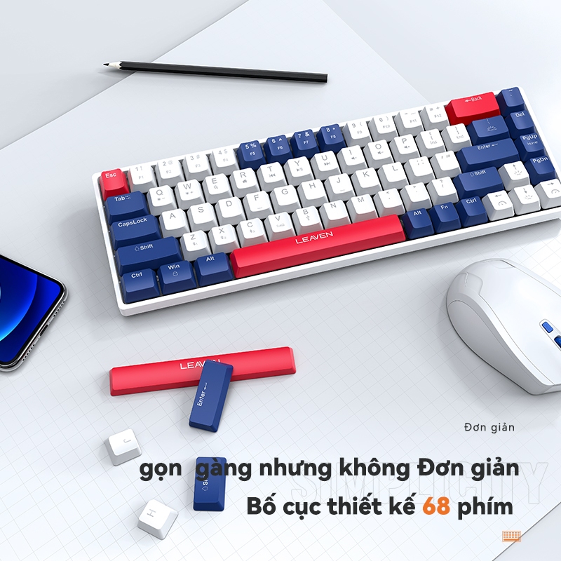 Bàn Phím Cơ Chơi Game LEAVEN H68 68 Phím Led RGB Switch xanh/ đỏ/vàng Kèm Bluetooth Máy Tính pc/laptop văn phòng