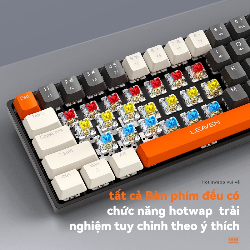 Bàn Phím Cơ Chơi Game LEAVEN H68 68 Phím Led RGB Switch xanh/ đỏ/vàng Kèm Bluetooth Máy Tính pc/laptop văn phòng