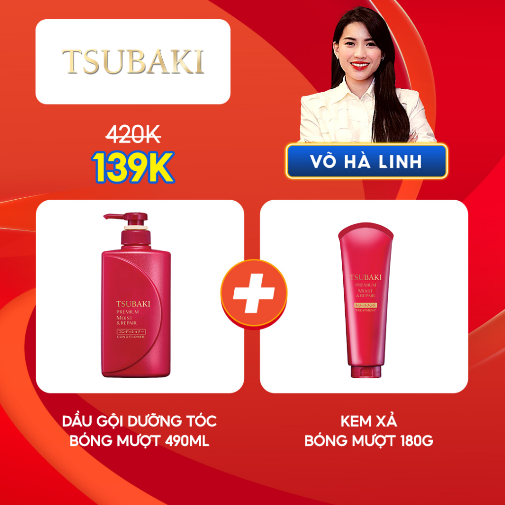 [Chỉ còn 139k] Combo Dầu gội Dưỡng tóc bóng mượt Premium Moist Tsubaki (490ml/chai) và kem xả moist 180g