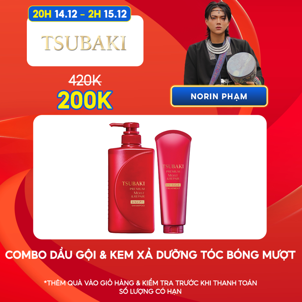 [Norin Pham x Tsubaki] Combo Dầu gội Dưỡng tóc bóng mượt Premium Moist Tsubaki (490ml/chai) và kem xả moist 180g