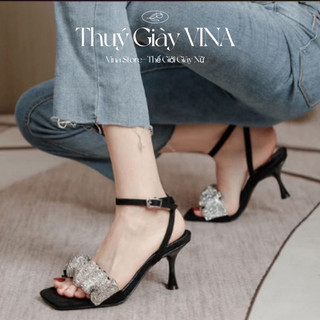 Giày sandal cao gót nữ quai nhún đính đá đế nhọn 7-9 phân hot 2024 THÚY GIÀY VINA STORE mã B44
