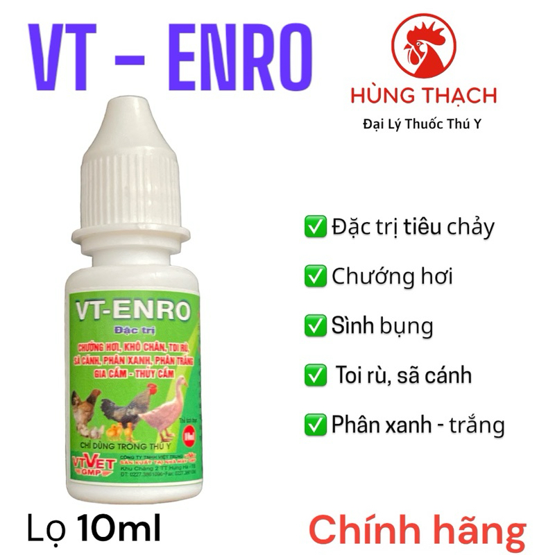 VT Enro 10ml Chướng diều, khô chân, viêm ruột, tiêu chảy gà đá, vịt, bồ câu, thỏ, gia súc