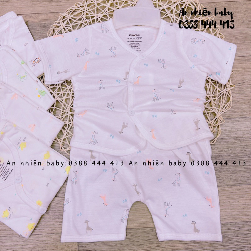 Bộ tay ngắn sơ sinh cotton cao cấp CUNCON | Mẫu bộ quần áo Họa Tiết Cài Lệch | Size 1,2,3 cho bé sơ sinh - 9kg