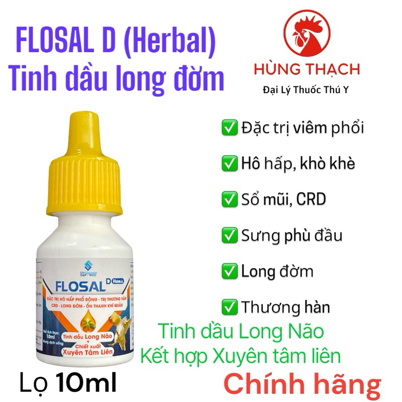 FLOSAL D New Herbal UV 10ml (là kết hợp Flosal D cũ + Viêm ôn Thanh) CRD,CCRD,ORT,Coryza gà đá