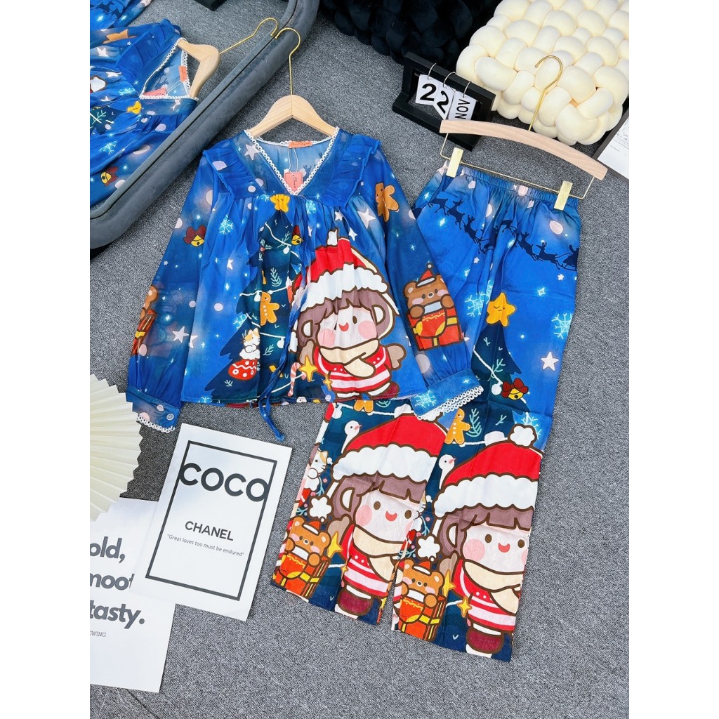 Đồ bộ Noel nữ mặc nhà áo tay dài quần dài chất lụa xước phối voan Freesize 40-60kg - Chun's sleepwear