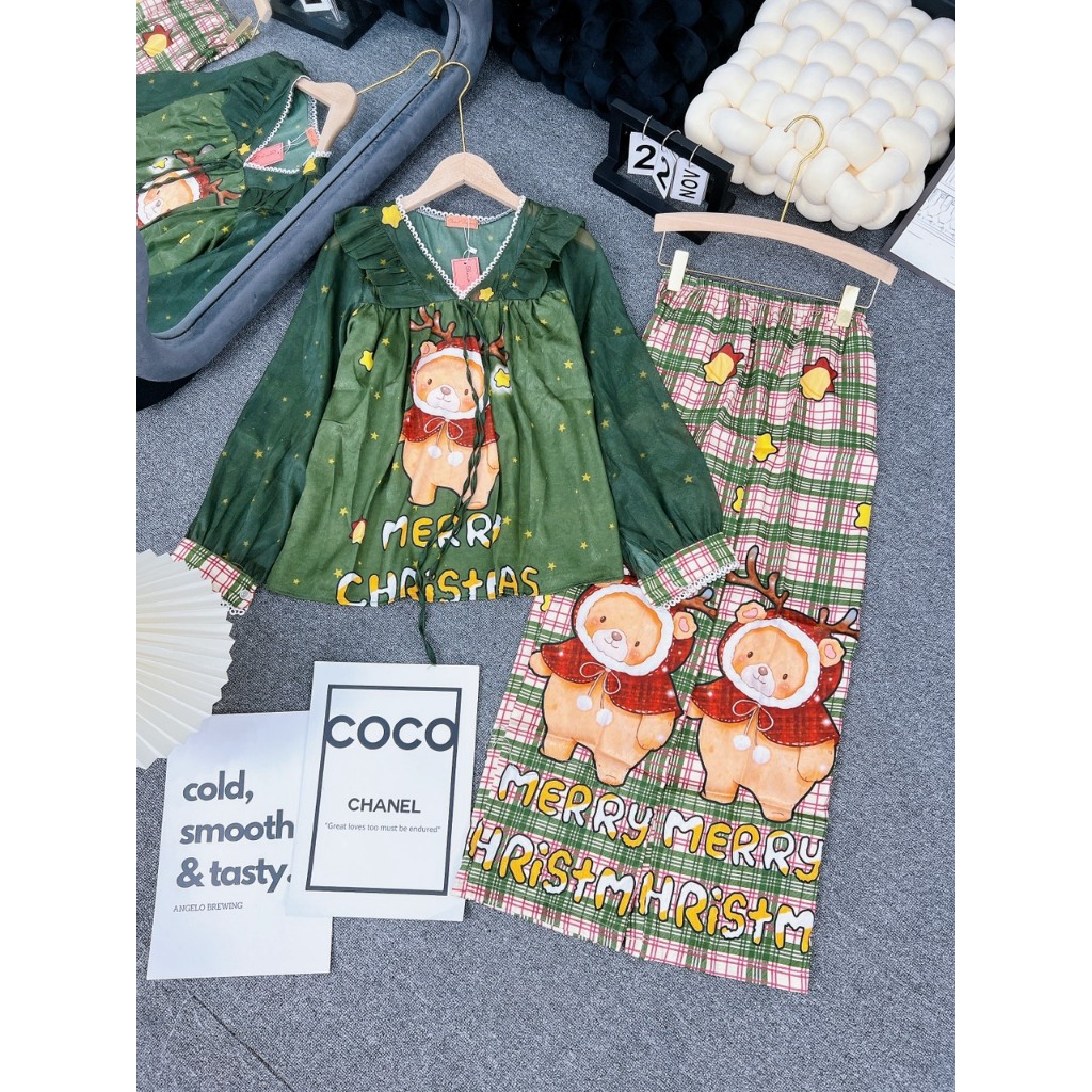 Đồ bộ Noel nữ mặc nhà áo tay dài quần dài chất lụa xước phối voan Freesize 40-60kg - Chun's sleepwear