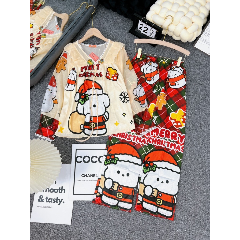 Đồ bộ Noel nữ mặc nhà áo tay dài quần dài chất lụa xước phối voan Freesize 40-60kg - Chun's sleepwear