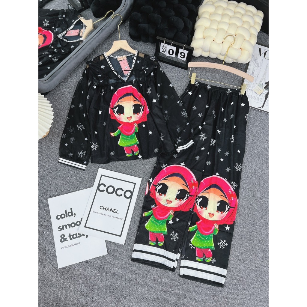 Đồ bộ Noel nữ mặc nhà áo tay dài quần dài chất lụa xước phối voan Freesize 40-60kg - Chun's sleepwear