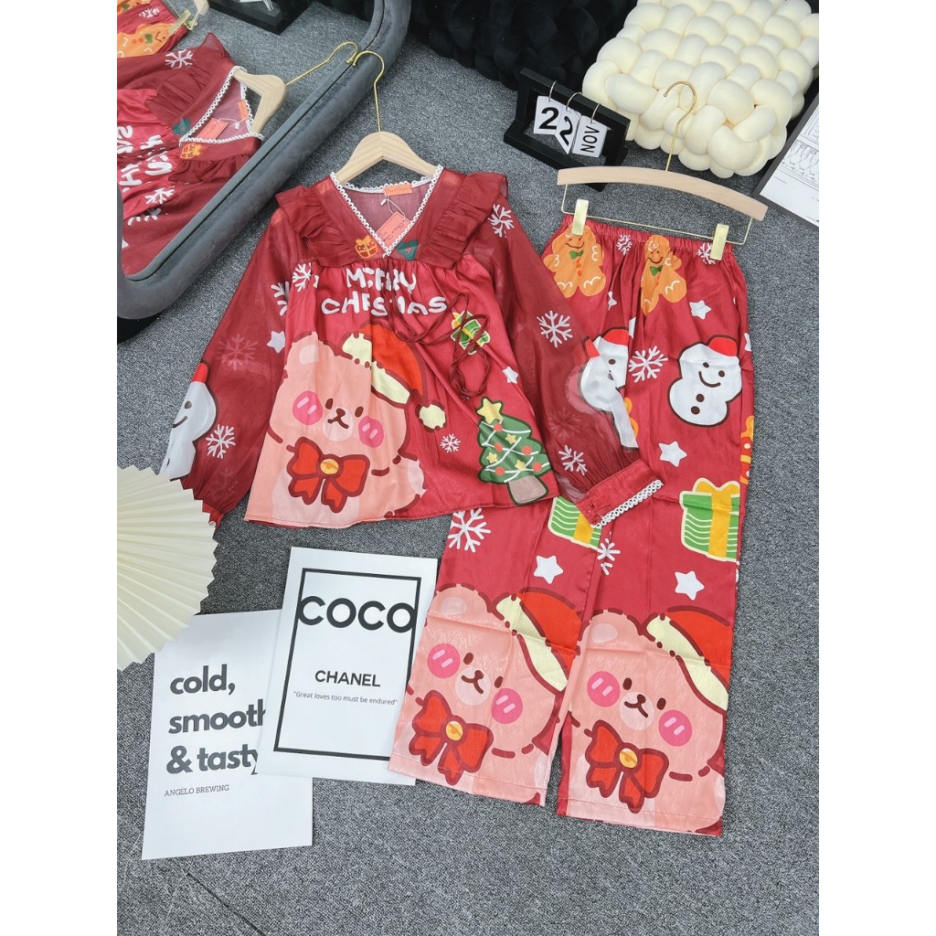 Đồ bộ Noel nữ mặc nhà áo tay dài quần dài chất lụa xước phối voan Freesize 40-60kg - Chun's sleepwear