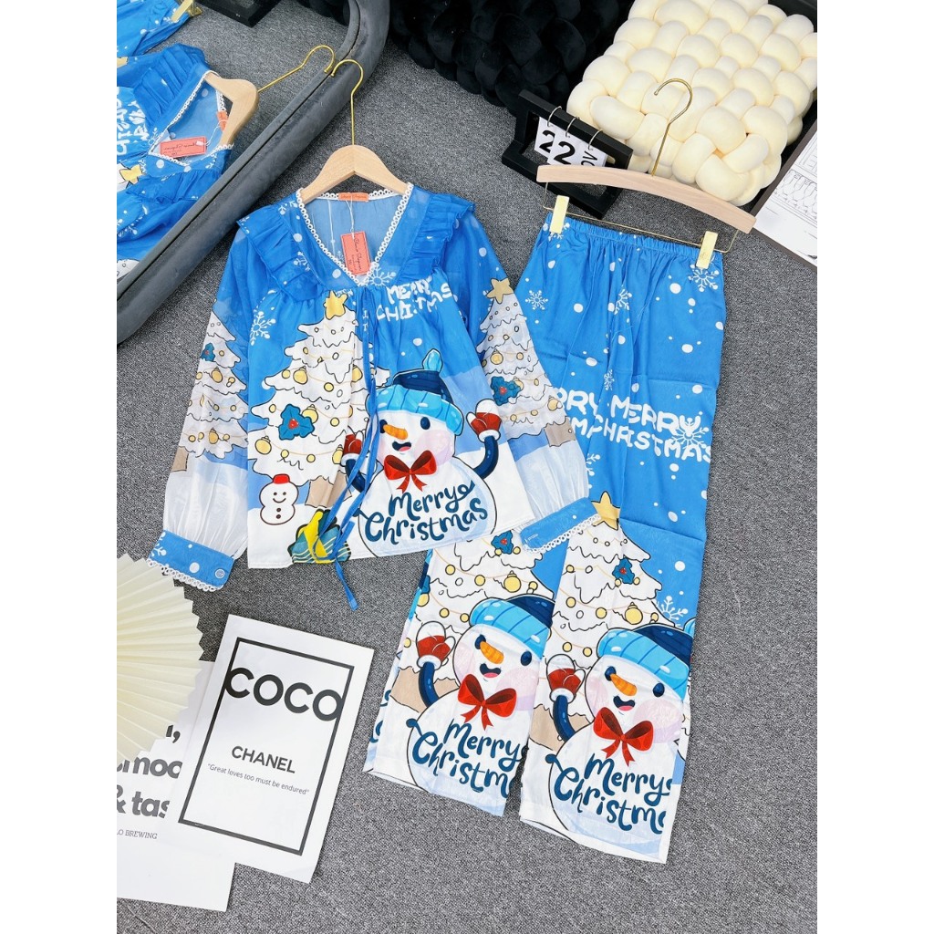 Đồ bộ Noel nữ mặc nhà áo tay dài quần dài chất lụa xước phối voan Freesize 40-60kg - Chun's sleepwear